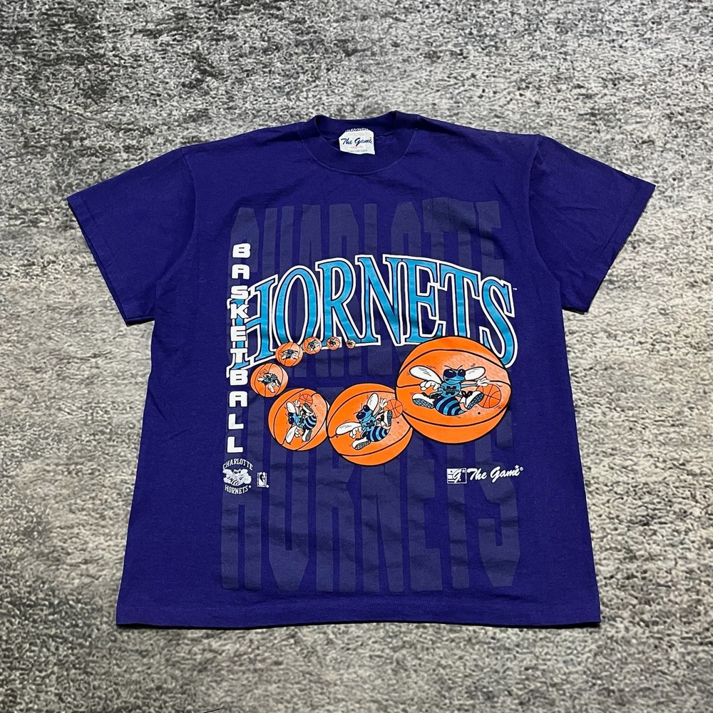 Vintage 90s Charlotte Hornets The Game T Shirt Mens Medium Purple NBA Graphic